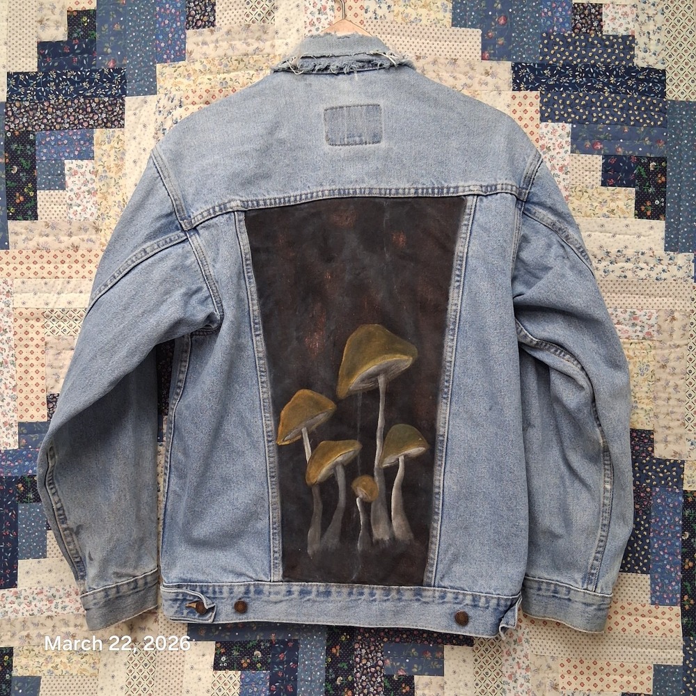 Vintage Hand Painted Denim Trucker Jacket Size Medium Mushrooms Fungi Upcycled